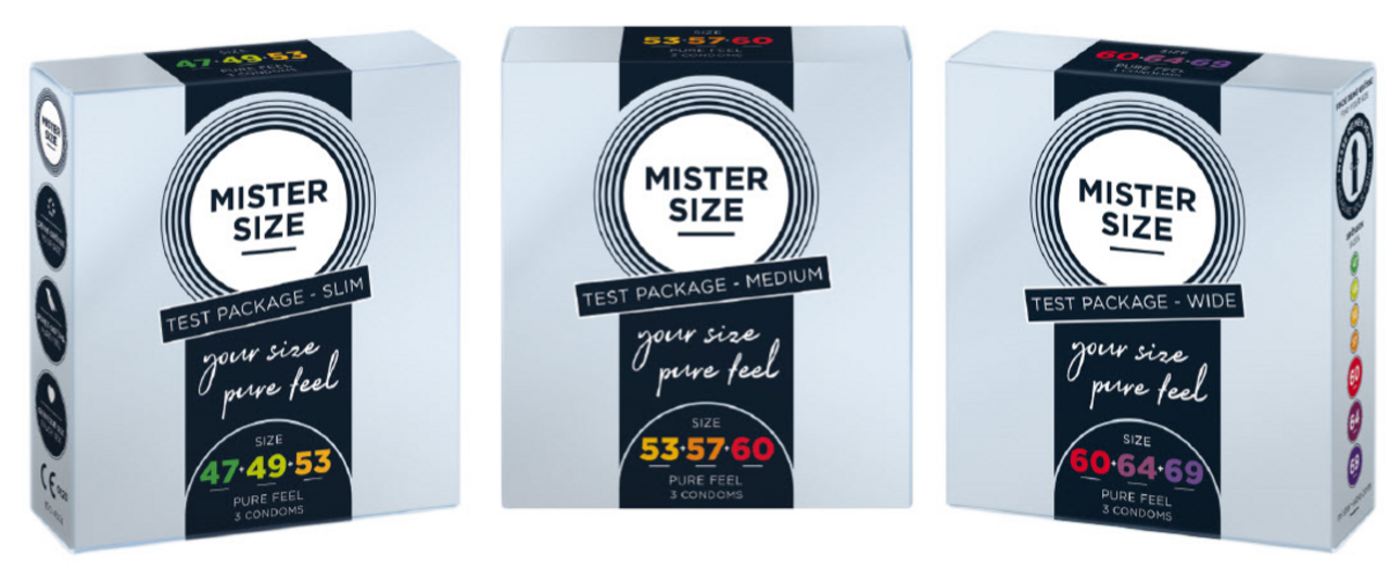 Trīs dažādi Mister Size prezervatīvu testa iepakojumi