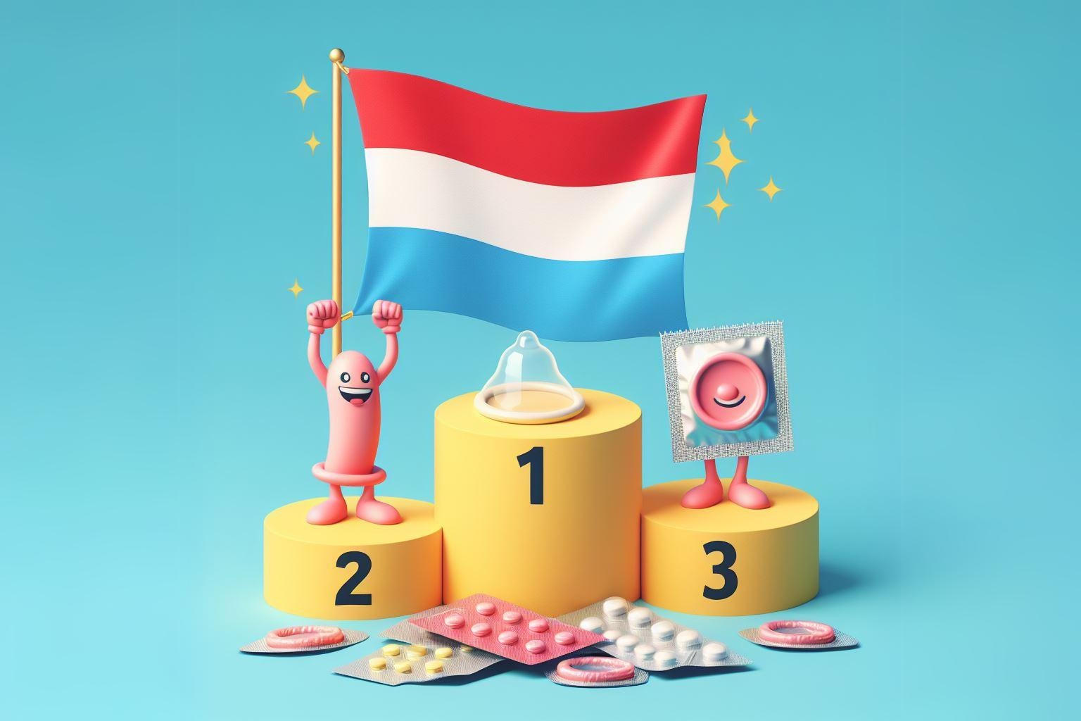 Luksemburgas karogs kā 1. numurs uz uzvarētāju pjedestāla par kontracepcijas tēmu
